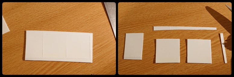 left: plastic with squares scored into it; right: squares cut out, surrounded by offcuts