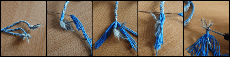 Threading threads onto the end of a plait to recreate a tassel